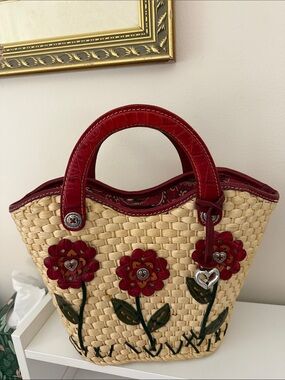 Brighton woven Straw Tote with Red Floral Appliqués